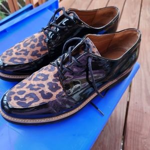 Franco Sarto Women's Black Charles Leopard Print Derby Patent Leather Look